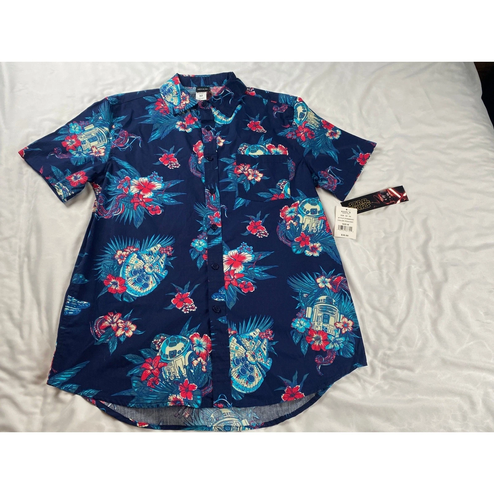 Star Wars Mens Millennium Falcon R2-D2 Tropical Floral Shirt Peacoat Blue M NEW