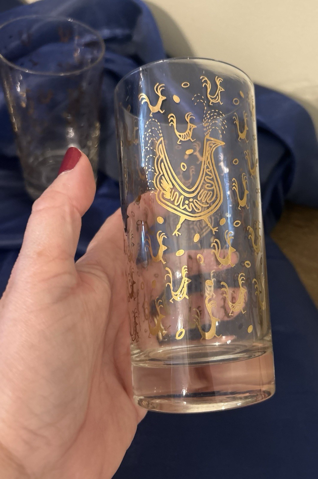 VINTAGE MID CENTURY Set Of 5 GOLD ROOSTERS CHICKEN TUMBLERS GLASSES