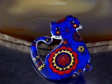 Vintage Brosche Messing Emaille Katze bunt - ...