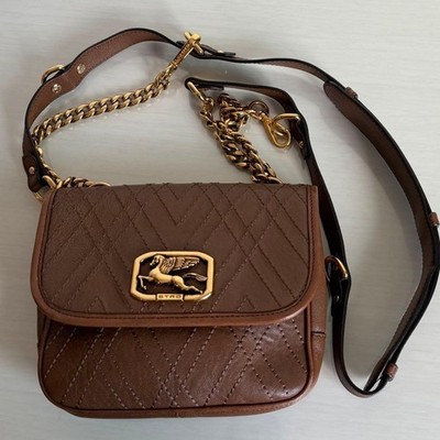 ETRO Pegasus Chevron Chain Shoulder Bag Brown Gold Authentic