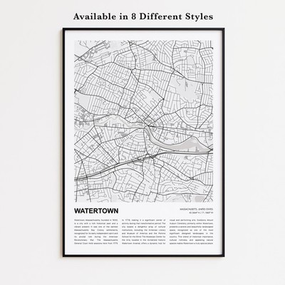 Watertown Map Print, Massachusetts Travel Poster, Modern Map, Wall Decor Art