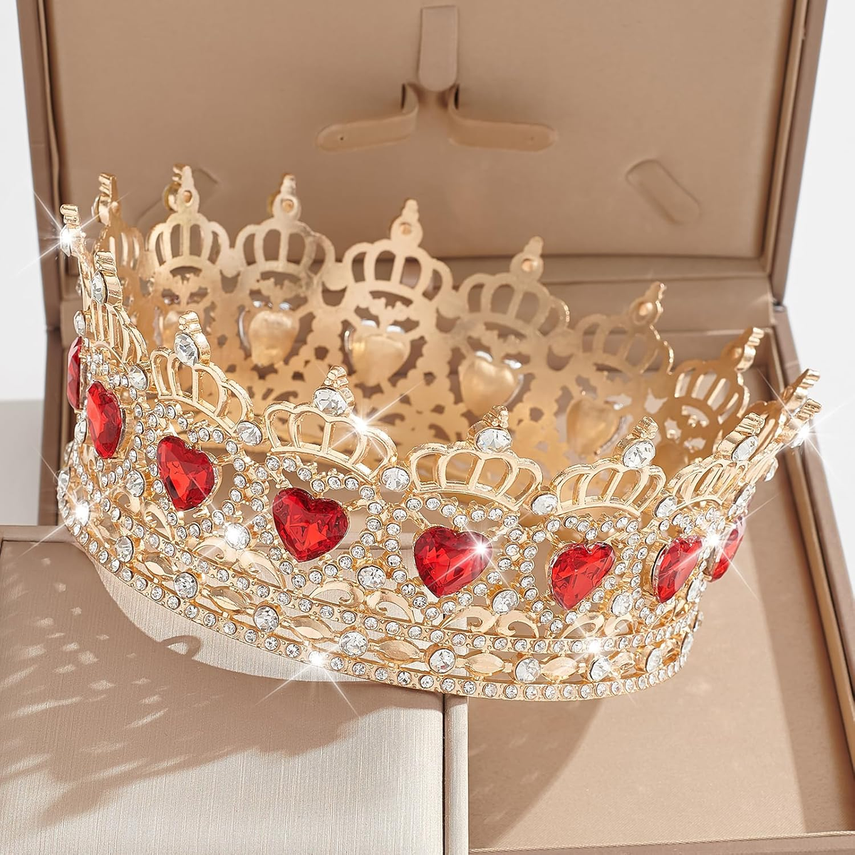 FREE ? * Beautiful rhinestones headpiece gold plated with clear bling  heart! Gold Royal Queen Crown: AB Crystal Rhinestone Wedding  main image 2