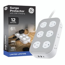 GE 12-Outlet Surge Protector with 6ft Braided Cord, Power Strip, Extension Cord,