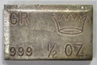 CROWN MINT 1/2 oz Vintage Antique fractional .999 Silver bullion bar G R