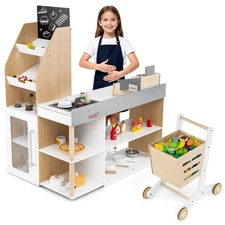 Pretend Grocery Store Playset w/ Shopping Cart, Checkout Counter, Cash Register