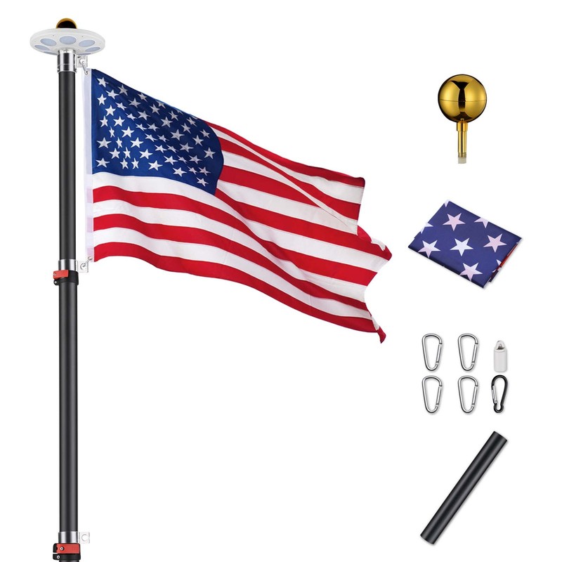 30Ft Black Telescopic Aluminum Flag Pole Kit w/ 136 LED Solar Light Outdoor Home