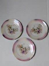 Antique German Lusterware Plates Floral Pansy Set of 3 Pink Iridescent Trim