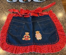 vintage handmade half apron Cottage Core Teddy Bear Jeans Ruffle Apron 10-12 Sz