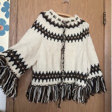 Vintage Hand Knit Chunky Wool Fringe Poncho Sweater Hippie Boho Cozy Cape 60s70s