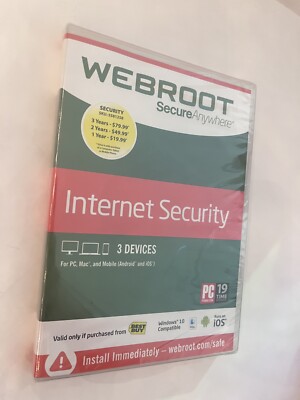 Sealed WEBROOT Secure Internet Security, 3 Devices Antivirus Mobile PC Mac
