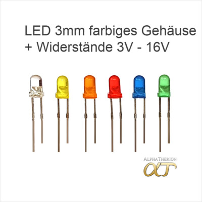 LED 3mm farbiges Gehäuse, Gelb , Orange , Rot , Grün , Blau + Weiß + Widerstände