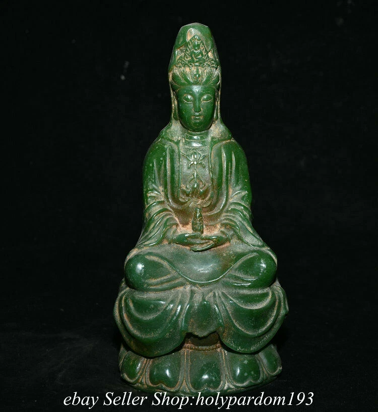 8.8 Old Chinese Green Jade Carving Kwan yin Guan Yin Goddess Statue Sculpture