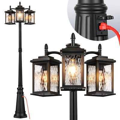 VIANIS Outdoor Lamp Post Light with Outlet, Dusk to Dawn 3-Head Lamp Posts