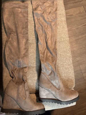 Thigh High Boots With Wedge Heel Brown Suede And Zipper On Size 