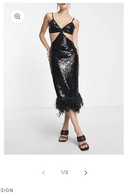 asos design Strappy Sequin Maxi Dress Faux Feather Trim Size 18