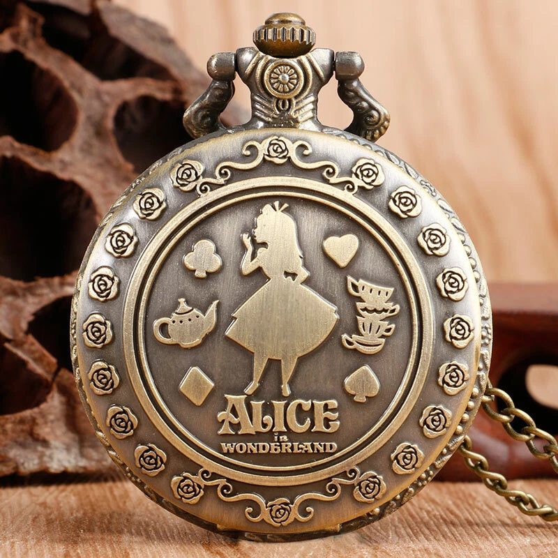 Alice in Wonderland Women Girl Lady Pocket Watch Flower Pendant Copper Cute Gift