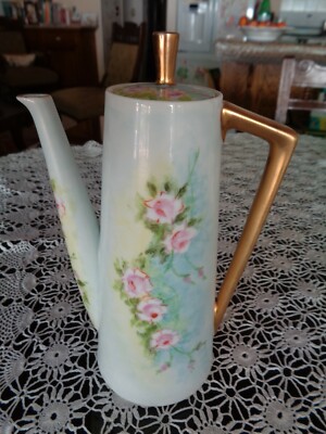 VINTAGE HAND PAINTED COFFEE TEA POT, ROSES & GOLD, 9''