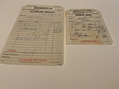 Erie, PA. ~ FIRCH BAKING CO., INC. - SUNBEAM BREAD - Lot of 2 - 1950s Bill Heads