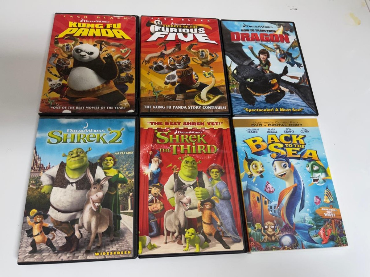 6 CHILDREN'S DREAMWORKS DVD MOVIES SHREK 2,SHREK THE 3rd,KUNG FU