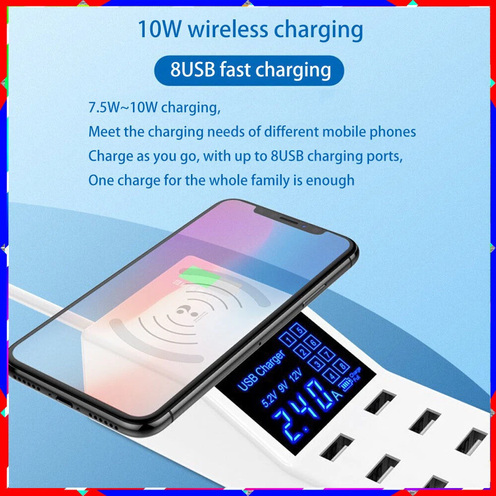 8-Port USB Hub with Wireless Charging Pad & Non-Slip Base 5V8A 8-Port USB Hub with Wireless Charging Pad & Non-Slip Base 5V8A
