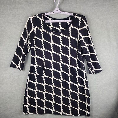 Cynthia Rowley Woman Shift Dress L Black White AOP Front Pockets Stretch  EUC | eBay
