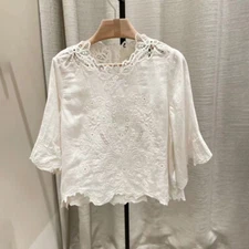 ISABEL MARANT White Embroidered Lace Cutout Round Neck 1/2 Sleeve Shirt Women