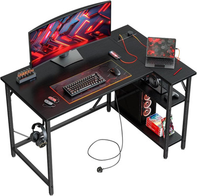 L-förmiger Gaming Schreibtisch Eck Computertisch mit Steckdosen USB Ablagen Schwarz