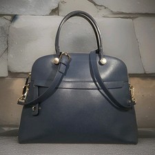 Furla Piper Dome M Satchel Crossbody Top Handle Hand Bag Leather Blue Cobalto