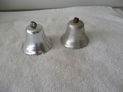 Two vintage metal Christmas bell ornaments, Carol Tone, late 1940s