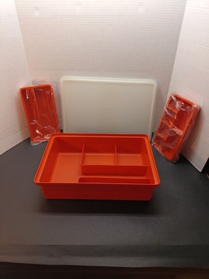 VTG TUPPERWARE Tuppercraft ORGANIZER Box Lid Inserts Orange Crafts N.O.S.       