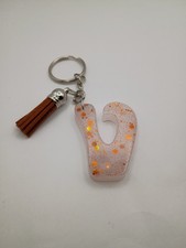 Women Handmade White Orange Glitter Letter V Initial Resin Keychain Tassel