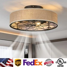 20" Farmhouse Caged Ceiling Fan Light Boho Flush Mount kit with Remote Control
