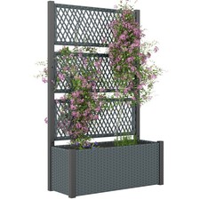 Outsunny Garden Planter Box with Trellis, Rattan Raised Bed, Charcoal Grey