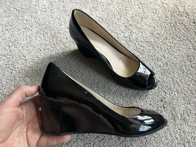 #ad Cole Haan Women’s 7.5 Sadie Pump Black Patent Wedge Heel Peep Toe Dress Shoes $29.59