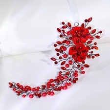 Red Pearl Crystal Rhinestone Alloy Flower Bridal Headband Wedding Headpiece