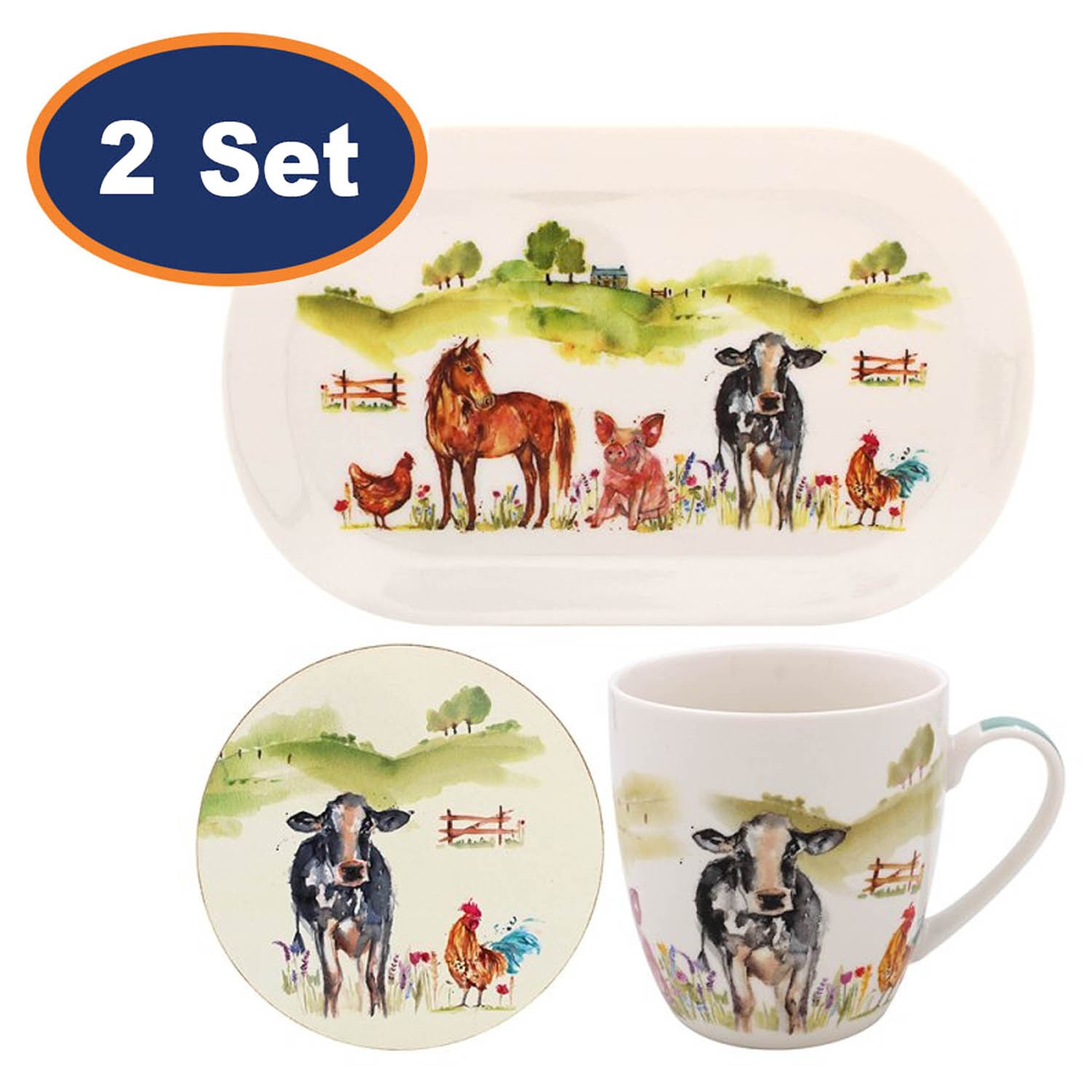 Mug with Coaster and Tray 2-Set Farmyard Animals Art Design Snack Tableware