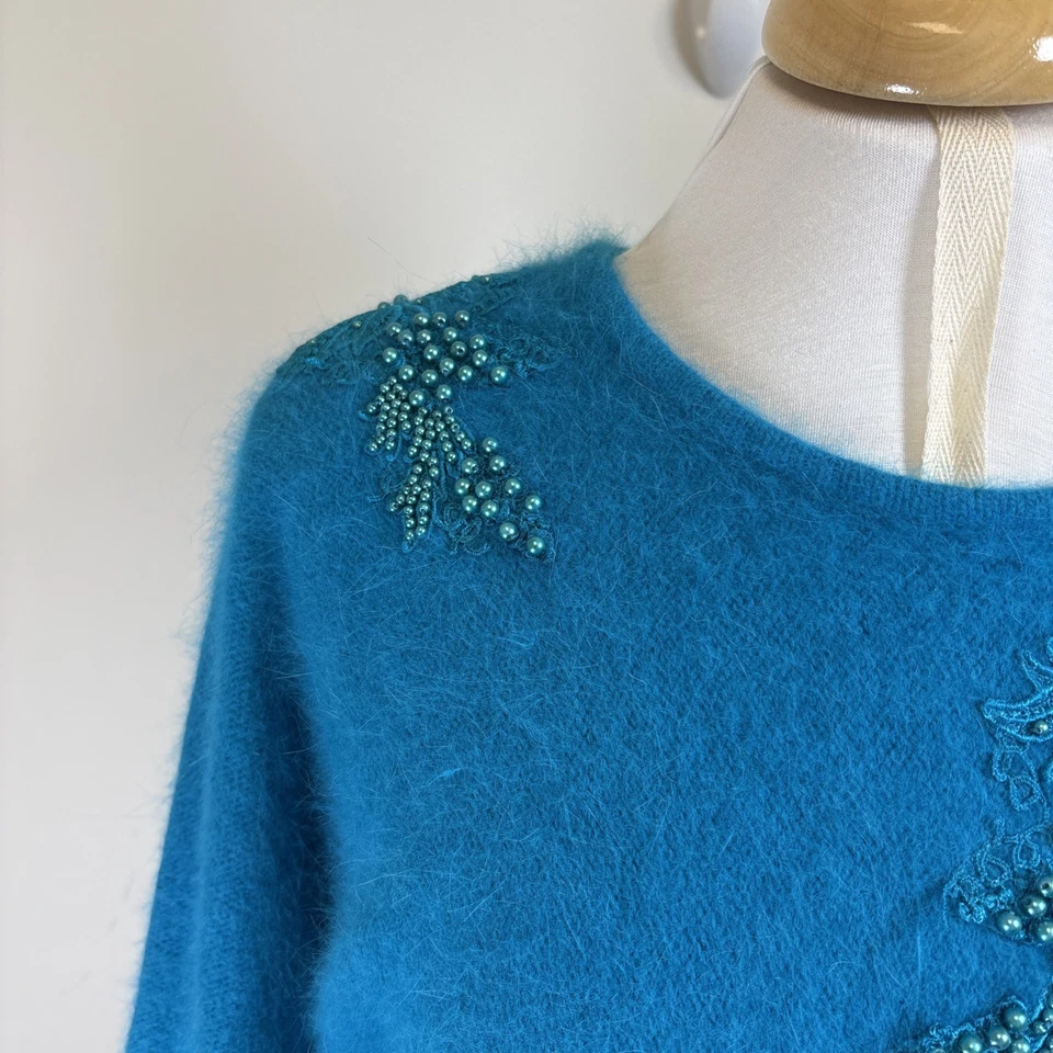 Lord & Taylor 80s Angora Teal Beaded Floral Fuzzy Sweater M - Image 3 of 4