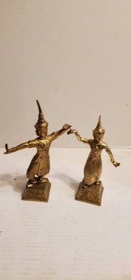 2 Vintage Brass Traditional Thai Dancer Statues 10 & 12'' appx