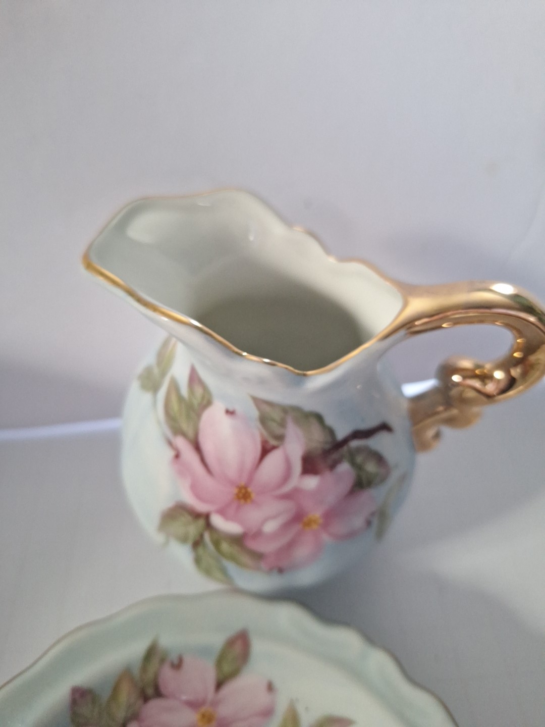 Lefton China Heritage Green/Pink Pitcher & Bowl - Hand Painted Vintage 1989 7251