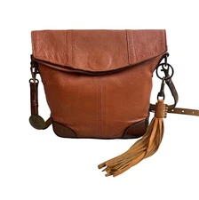 Will Leather Goods Women's Tan Brown Leather Fold Over Crossbody Bag Sz M