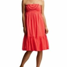 Gap Women’s Size 4 Strapless Pom Pom Dress Coral Pink Ruffle Hem Zip Side Cotton