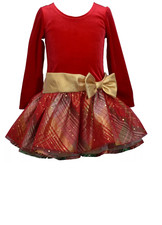 Bonnie Jean Girls Christmas Holiday Santa Plaid Gold Bow Multi Red Velvet Dress
