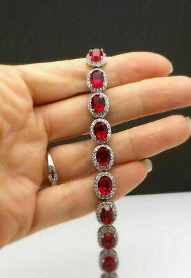 17 Ct Oval Simulated Red Ruby&Diamond Halo Tennis Bracelet 925 Sterling Silver