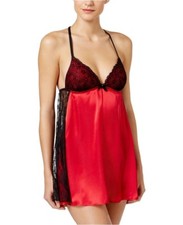 Linea Donatella Red 2-Piece Satin  Lace Babydoll  Panty Sleepwear S,M
