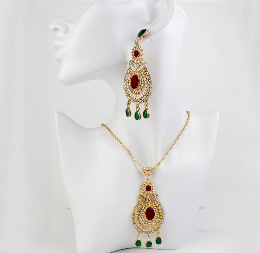 18k Gold Plated Dubai Arab African Jewelry Necklace,Earrings Moroccan  Indian set