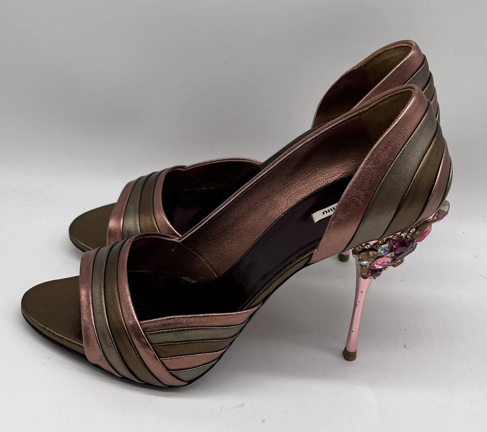 Miu Miu 2008 Cuero Multicolor D'Orsay Joya-Embellecido Peep Toe Tacón talla 38.5 Foto 4 de 4