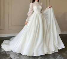 Elegant High Neck Wedding Dresses Long Sleeves Lace A-Line Bridal Gowns Train