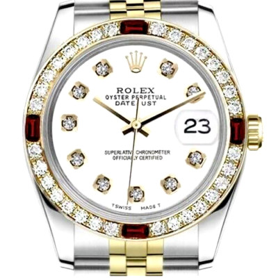 Rolex Datejust 26 mm White Diamond Dial Ruby & Diamond Bezel Two Tone Watch