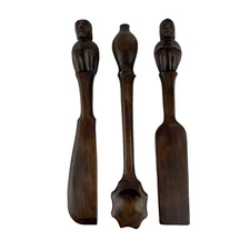 Vintage MCM Carved Wood Spoon Utensil Wall Decor Brown African Art 14 Inch