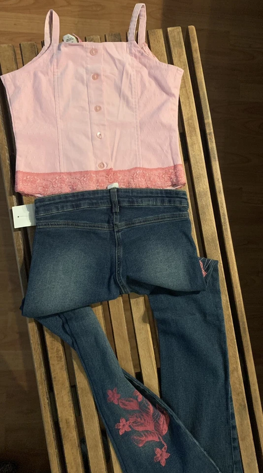 LITTLE MASS Niñas NUEVO CON ETIQUETAS ATUENDO Bonita Camiseta sin mangas Rosa Talla 12 y Jeans Talla 12 Foto 3 de 4